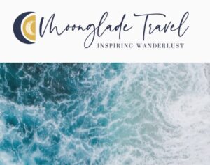 Moonglade travel logo and graphic of ocean waves.