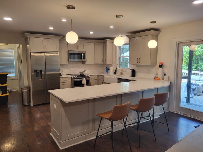 7 Day Kitchens Grey Shaker cabinets with quartz countertops and pendant lights Charlotte NC 768x576