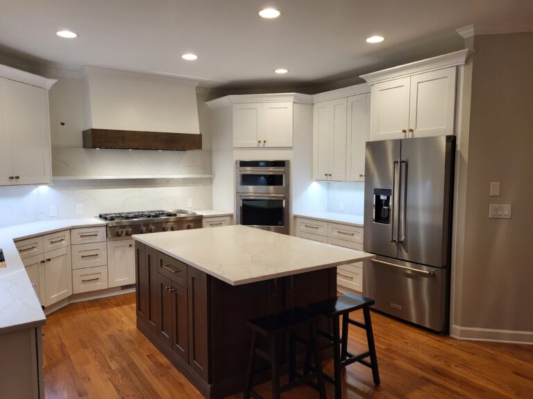 7 Day Kitchens Remodeling Company White shaker cabinets with natural stained cabinet island Charlotte NC 768x576