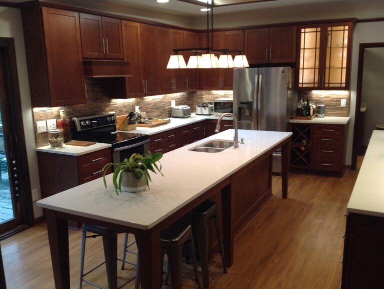 Beautiful Chestnut Brown Stained Shaker Cabinets with Large Eat In Island Lake Wylie SC Kitchen Remodeling Company 768x579