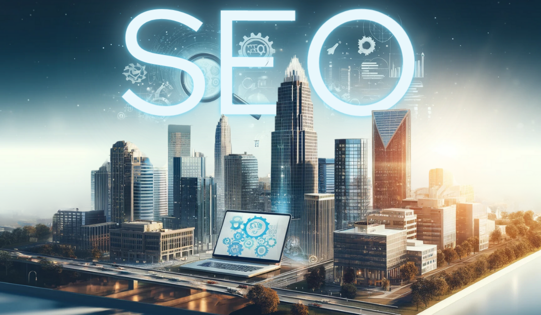 Graphic showing the city of Charlotte Skyline on a square block with the letters "SEO" behind it.