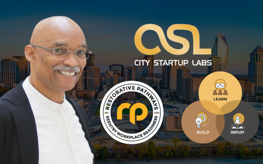 City Startup Labs founder, Henry Rock, superimposed over Charlotte Skyline with logos for REEP and Learn Build Deploy.