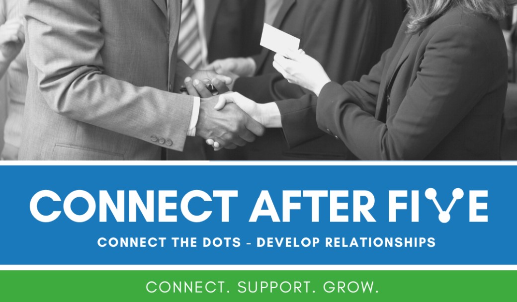 Woman and man shaking hands and exchanging business cards at Charlotte networking event, with Connect After Five logo displayed below them.