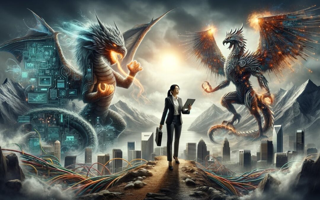 Mythical image of charlotte entrepreneur and dragons with skyline in the background