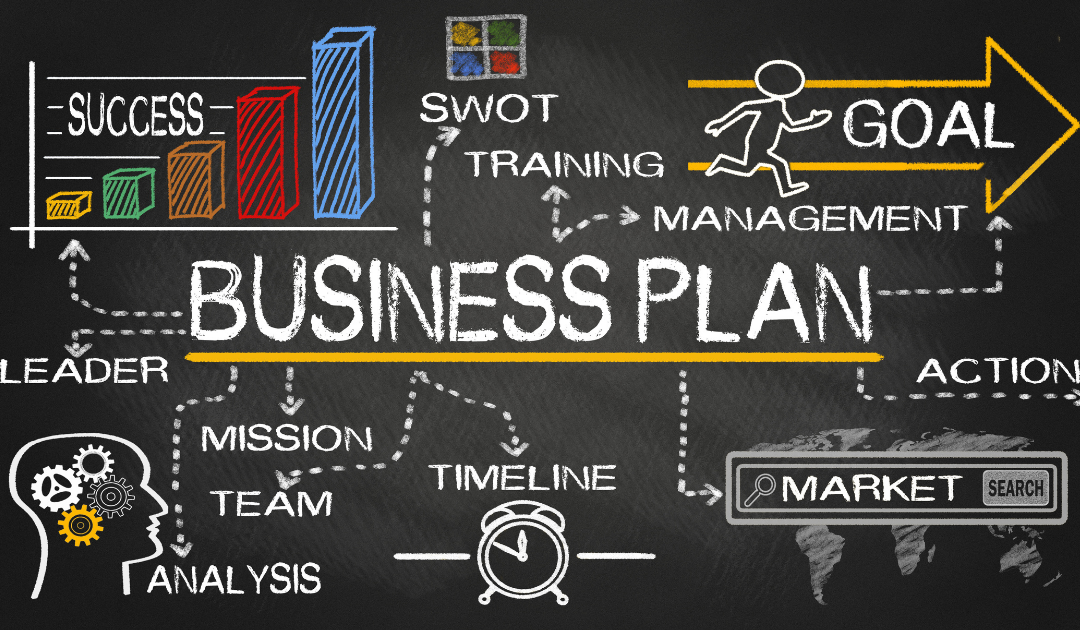 Business plan graphic showing different graphical icons related to business.