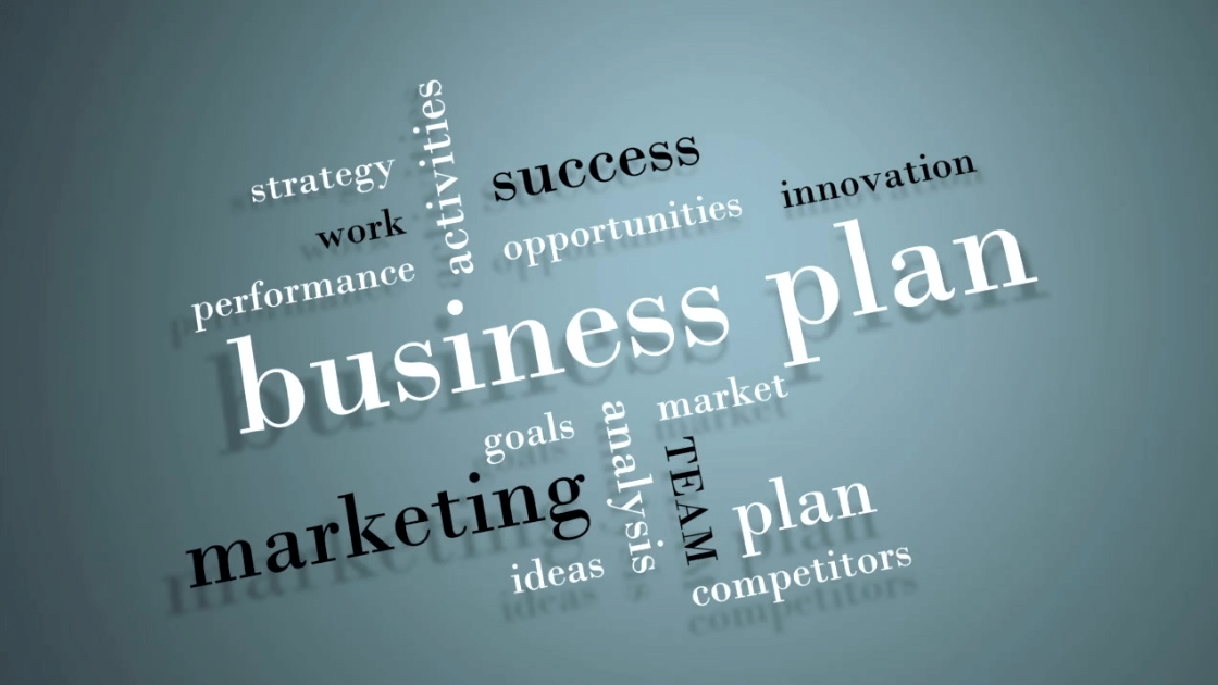 Graphic showing words related to business plans.