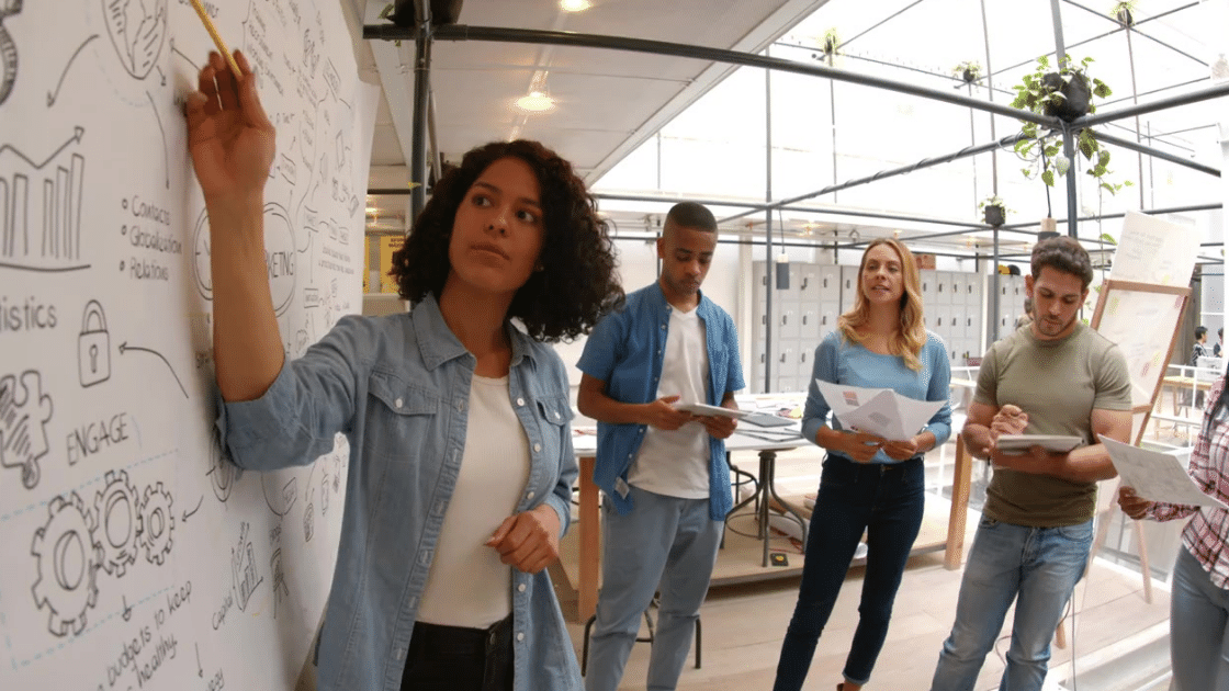 Business owner standing at dry erase board working on business plan with employees.