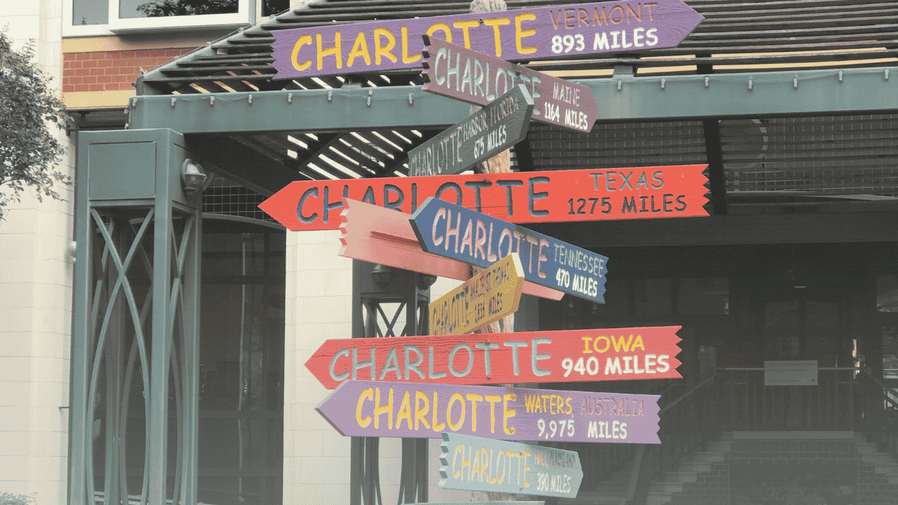 Directional sign showing arrows pointing towards Charlotte 