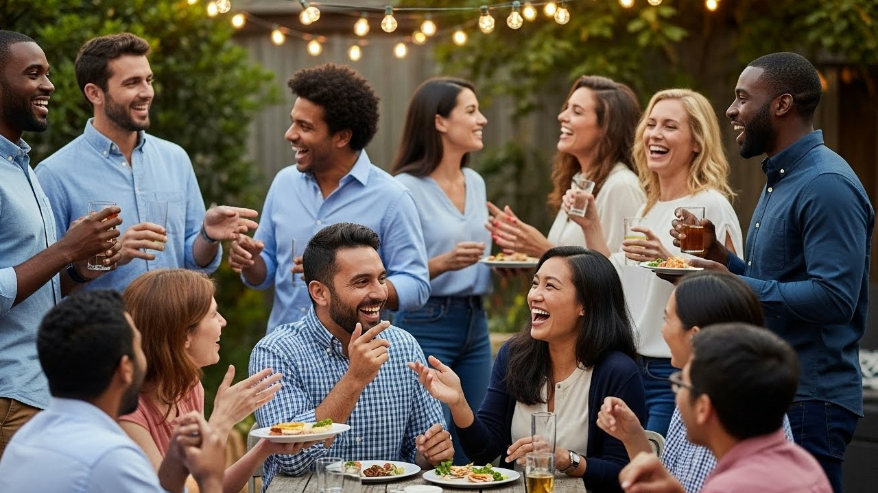 People at a social group gathering in Charlotte NC, standing, sitting and talking.