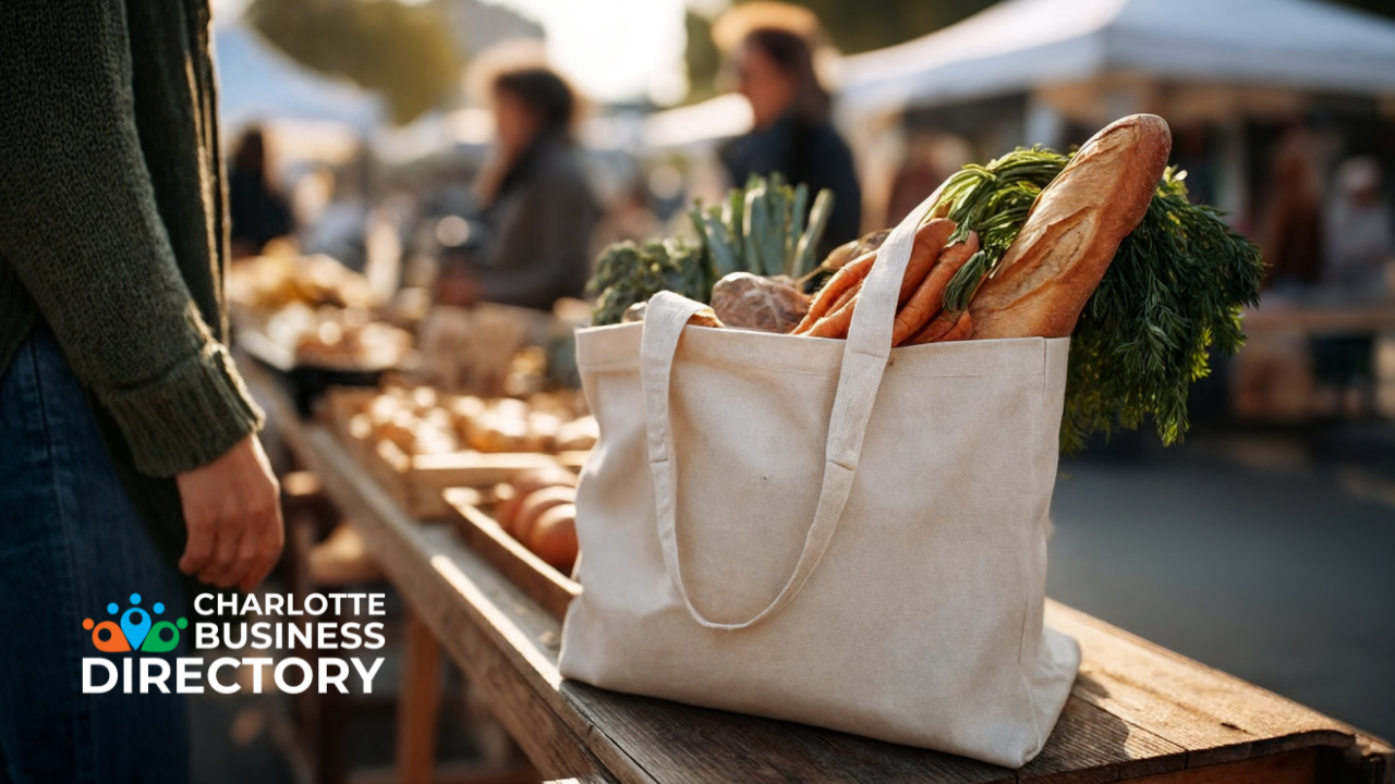 Bag full of newly bought items at Charlotte Farmers Market.